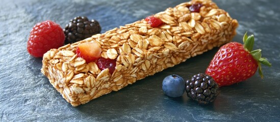 Aufkleber - Granola bar on blue stone table with red strawberries, blackberries, and blueberries surrounding it, showcasing healthy vegan snack concept.