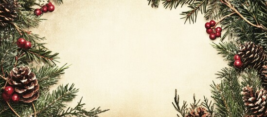 Poster - Vintage Christmas paper background with a distressed cream center surrounded by pine branches red berries and pine cones creating a festive charm
