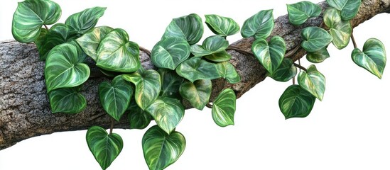 Aufkleber - Lush green fiddle leaf philodendron vines cascading over a textured brown tree trunk isolated on white background showcasing tropical foliage.