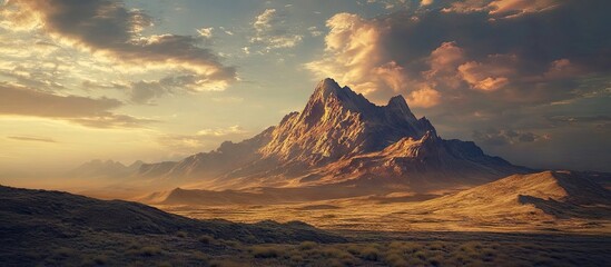 Poster - Majestic highland mountain landscape at sunset featuring golden and green hills with dramatic peaks and a vibrant cloudy sky in the background.