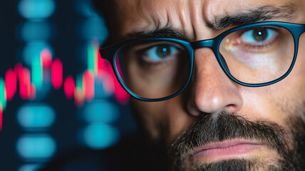 Poster - Focused Trader: Close-up of a man's intense face, eyes narrowed in concentration, analyzing a blurred stock market chart in the background.  The image conveys tension.