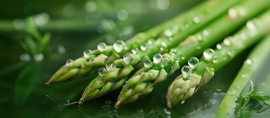 Poster - Fresh green asparagus spears with water droplets resting on a dark green surface, showcasing vibrant details and natural textures