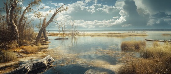 Poster - Serene landscape with calm waters reflecting dramatic clouds, golden grass, and barren trees in the foreground against a tranquil sky.
