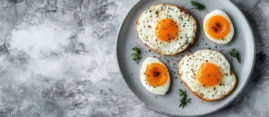 Poster - Healthy breakfast with golden fried eggs and soft-boiled eggs on a gray plate with greens against a textured gray background, top view.