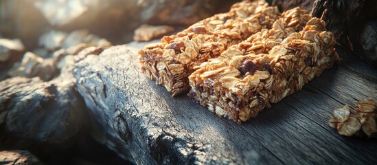 Aufkleber - Granola bars with oats and nuts placed on textured wooden surface illuminated by soft natural light highlighting the rich golden hues of the snack