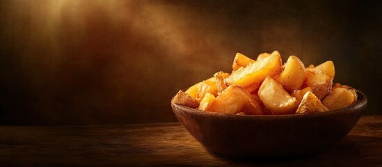 Poster - Crispy golden organic potato fries in a rustic bowl on a wooden surface with warm brown background highlighting their delicious texture and quality