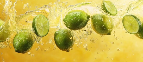 Poster - Fresh green limes splashing into vibrant yellow juice background creating dynamic water droplets and energetic citrus scene.