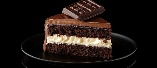 Aufkleber - Decadent chocolate fudge cake on a black plate with creamy frosting and chocolate bar on top, rich dark brown and creamy white colors.