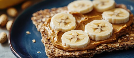 Aufkleber - Healthy vegan snack featuring Scandinavian rye crispbread topped with smooth peanut butter and fresh banana slices on a blue plate