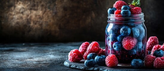 Aufkleber - Vibrant mason jars filled with fresh blueberries and raspberries on a dark rustic surface, garnished with mint leaves and surrounded by berries.