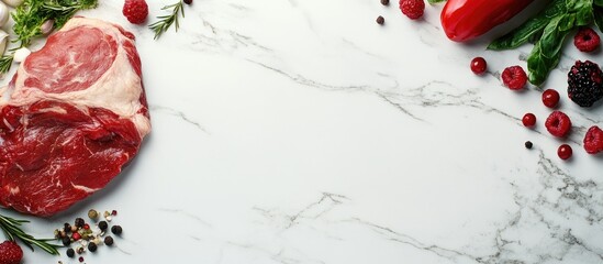 Aufkleber - Fresh raw meat cut surrounded by assorted herbs, colorful peppers, and berries on a light marble background, arranged for a culinary display.
