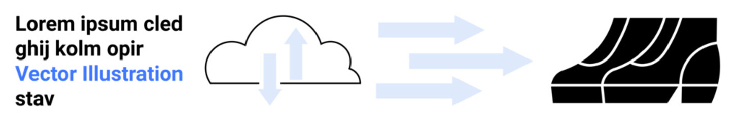 Poster - Cloud with upward and downward arrows, three arrows pointing to server racks. Themes Ideal for data storage, cloud computing, information transfer, technology, innovation, communication, flat landing