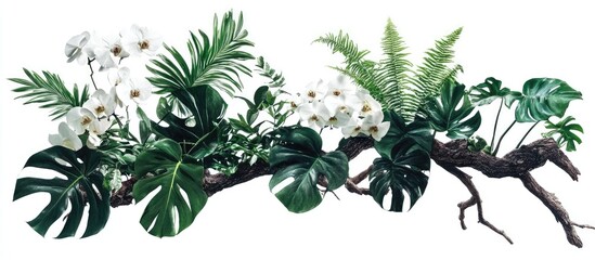 Aufkleber - Lush tropical foliage arrangement featuring vibrant green leaves, white orchids, and ferns on a rustic branch with a clean white background.