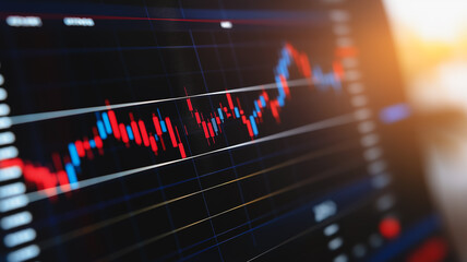 Poster - market volatility: a close-up shot of a computer screen displaying a fluctuating stock market graph,