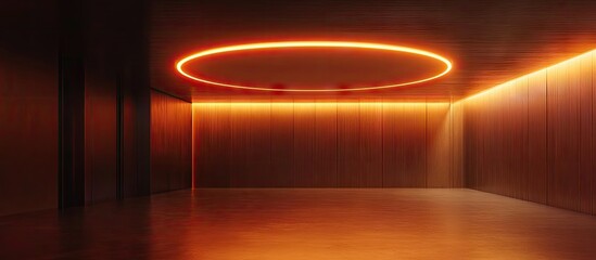 Poster - Contemporary avant-garde interior with horizontal ceiling light casting a warm orange glow on smooth brown walls and polished floor in dim space