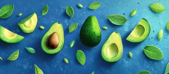 Poster - Ripe green avocados halved and sliced with seeds surrounded by fresh green leaves on a vibrant blue background from a top-down perspective