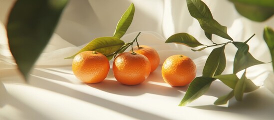 Aufkleber - Fresh and vibrant arrangement of four orange mandarins with green leaves on a soft neutral background, illuminated by natural light shadows.