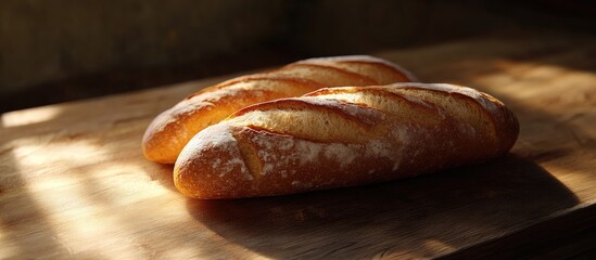 Aufkleber - Golden brown French baguettes placed side by side on a rustic wooden table with soft shadows highlighting their crusty texture and healthful appeal.