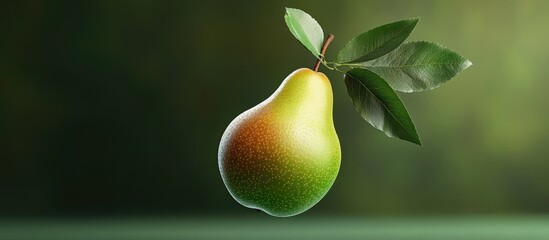 Poster - Ripe green pear with leaves floating on a blurred green background showcasing a levitation concept in high resolution, highlighting freshness and vitality