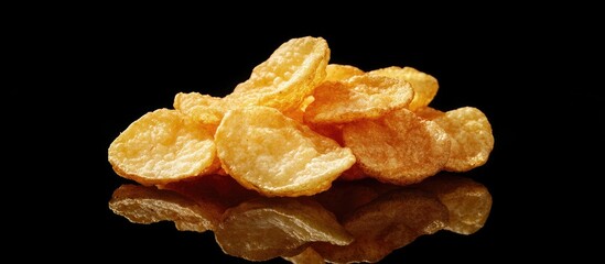 Poster - Crispy golden Colombian puffed potato chips stacked on a reflective black surface highlighting their texture and inviting appearance