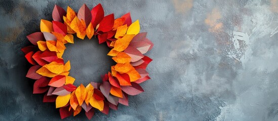 Aufkleber - Vibrant autumn paper wreath in shades of yellow, red, and orange against a textured gray wall, showcasing a seasonal DIY decorative piece.