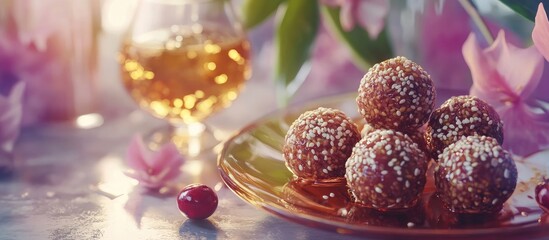 Aufkleber - Handmade raw vegan energy balls with sesame seeds and cranberries on a brown plate surrounded by flowers and a glass of drink in soft light.