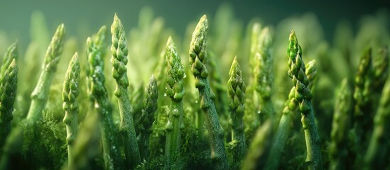 Poster - Fresh green asparagus spears with dew droplets arranged in rows against a soft blurred green background showcasing vibrant colors and textures