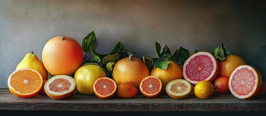 Poster - Colorful arrangement of ripe citrus fruits including oranges, lemons, and grapefruits with green leaves on a wooden table creating a vibrant display.