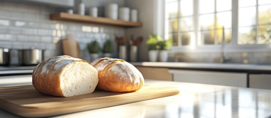 Aufkleber - Freshly baked bread rests on a wooden cutting board in a bright kitchen with white cabinets and sunlight streaming through large windows.