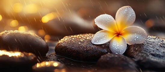 Aufkleber - Frangipani flower with yellow center on wet brown stones surrounded by water droplets and warm sunlight in a serene natural setting