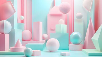 Poster - a pink and blue background with geometric shapes and spheres