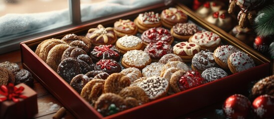 Poster - Festive assortment of colorful holiday cookies in a red wooden box placed near a window with winter decor and greenery in the background.