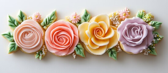 Poster - Delicate pastel-colored floral cookies with intricate icing decorations arranged horizontally on a light background perfect for festive celebrations