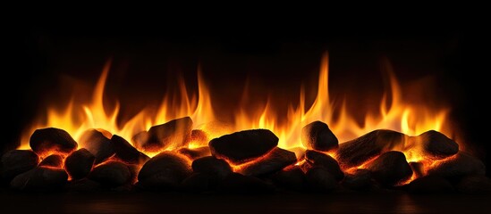 Aufkleber - Vibrant flames of orange and yellow dance above glowing charcoal and wood embers against a black background showcasing dynamic warmth and energy