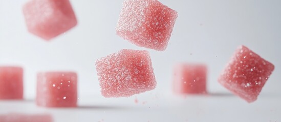 Aufkleber - Floating pink sugar cubes with a sparkling texture, positioned in mid-air against a soft white background, creating an abstract and dreamy feel.