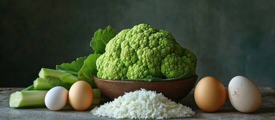 Poster - Fresh green cauliflower in a brown bowl surrounded by rice, celery, and eggs on a textured surface with a muted green background.