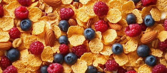 Aufkleber - Vibrant close-up of a nutritious breakfast spread featuring golden cornflakes, mixed berries like raspberries and blueberries, and scattered nuts.