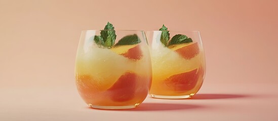 Aufkleber - Peach smoothie with mint in contemporary stemless glasses on soft peach background with light reflections highlighting refreshing drink visuals