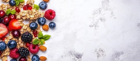 Poster - Vibrant assortment of granola ingredients featuring red strawberries dark blueberries raspberries almonds and mint leaves arranged on a white stone backdrop