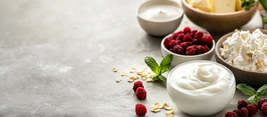 Aufkleber - Creamy yogurt in a white bowl surrounded by oats, raspberries, and creamy ingredients on a textured gray background with fresh mint leaves