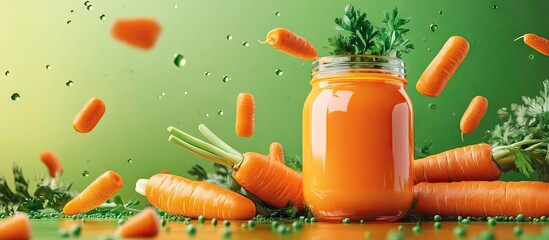 Poster - Vibrant orange juice in a glass jar with fresh carrots and green leaves on a gradient green background with flying carrot pieces around