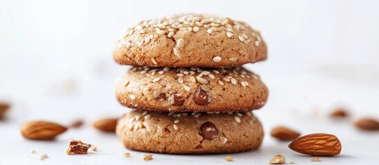 Poster - Nutty oatmeal cookies stacked on white surface with scattered almonds in the background, featuring golden brown hues and a textured appearance.
