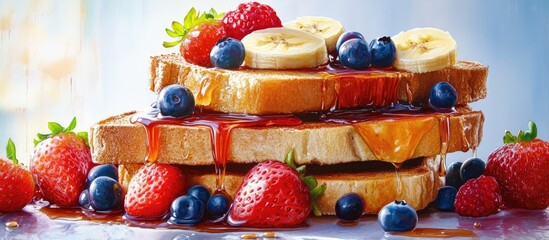 Poster - Delicious stack of cinnamon toast topped with blueberries, raspberries, and banana slices, drizzled with maple syrup, vibrant breakfast setting.