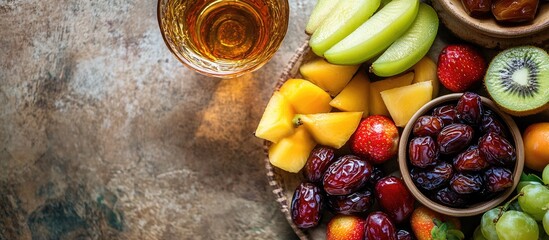 Poster - Fresh assorted fruits including melons, strawberries, kiwi, and dates arranged in bowls, with a clear glass of water, shot from above on textured surface.