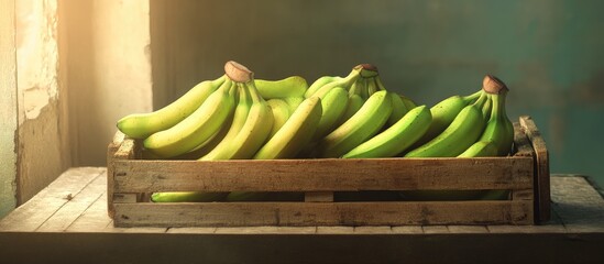 Poster - Vibrant green bananas are artistically arranged in a rustic wooden crate on a sunlit table with a muted background highlighting their freshness.