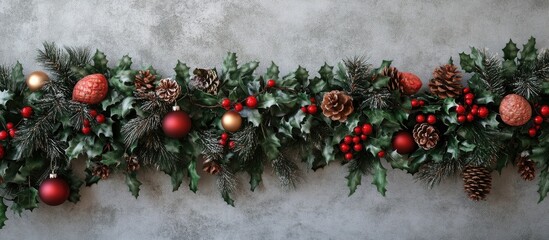 Poster - Handmade holiday garland featuring green foliage, pine cones, red berries, and festive ornaments on a gray backdrop, ideal for seasonal decor enthusiasts.