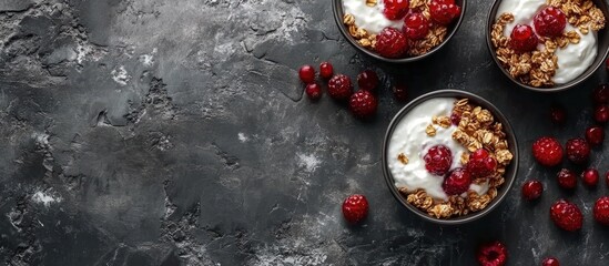 Aufkleber - Healthy breakfast featuring bowls of homemade granola yogurt topped with fresh raspberries arranged on a dark stone background viewed from above.