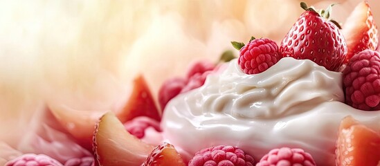 Poster - Delicious yogurt topped with ripe strawberries and raspberries, various fruits in soft focus background creating a fresh and inviting atmosphere.