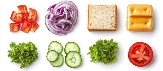 Poster - Colorful ingredients for a sandwich arranged in two rows on a white background featuring red tomatoes, purple onions, yellow cheese, and green lettuce.