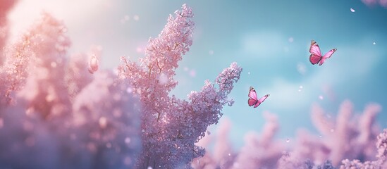 Aufkleber - Colorful dreamy background with soft pink flowers on left, blue-green hues, and two pink butterflies, creating a magical serene atmosphere.